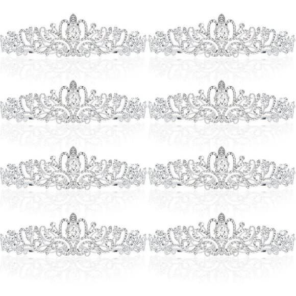 Silver Princess Tiaras 8pcs Alloy Crystal Crowns for Women Girls Wedding Party main image 5